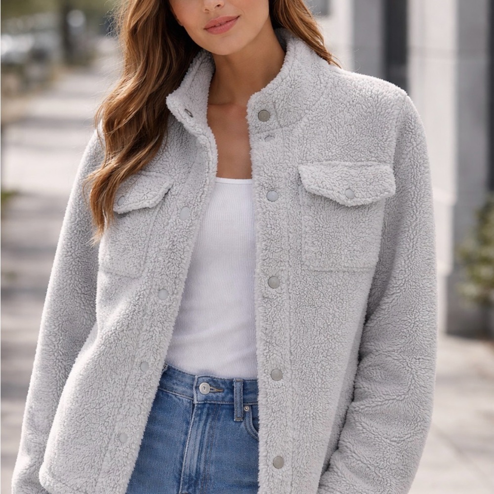 Women's M Light Gray Sherpa Shirt Jacket by Olivia Sky from Nordstrom
